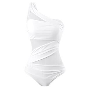 Runtlly Women’s One Shoulder White Mesh Swimsuit Small Asymmetrical Cutout